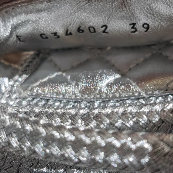 šSOLD CHANELš¤©20S CC Lambskin Cord Rope Logo Dad Sandals in Silver Sz 39 - Picture 13 of 16